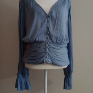 Anthropologie Satin Pullover Smocked Blouse Women's Size Large Baby Blue Cropped